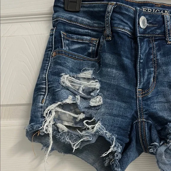 American Eagle Outfitters Women's Dark Blue Ripped Jean Shorts - Picture 3 of 17
